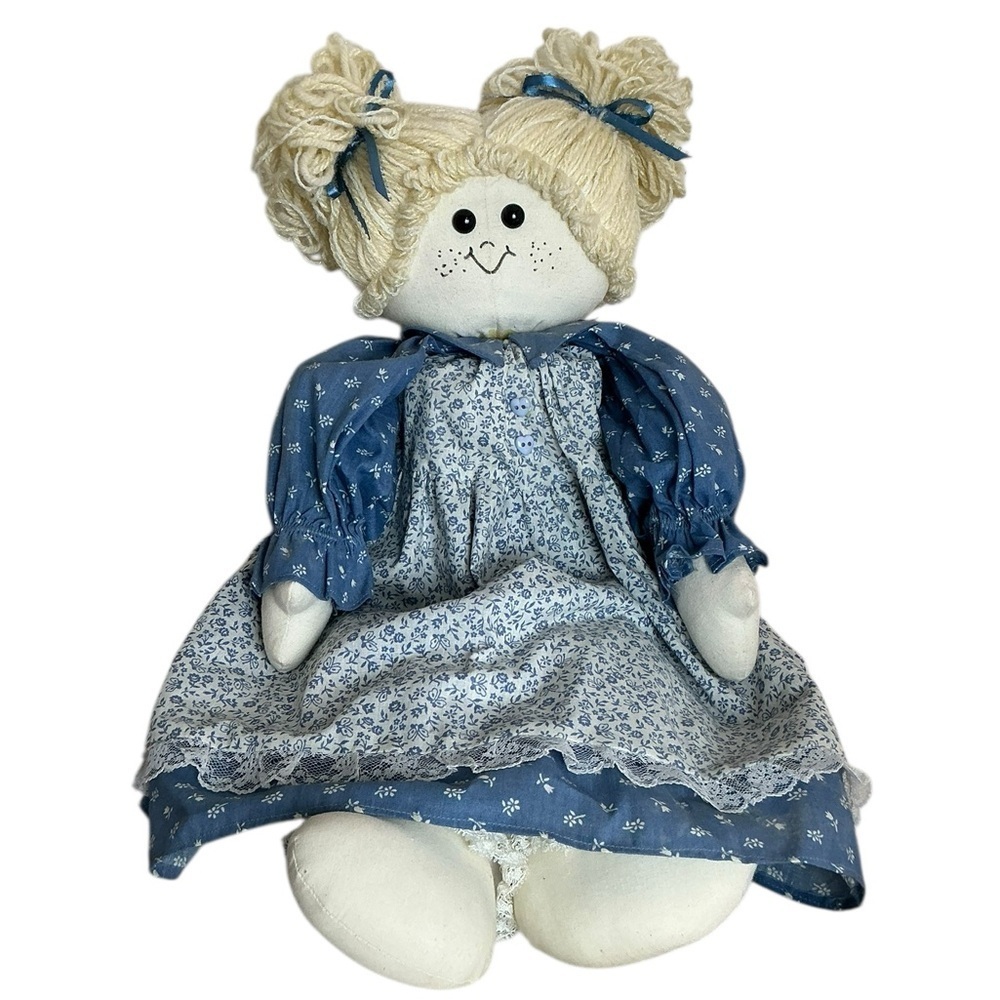 Shelf Sitter Rag Doll Hand Made Yarn Hair  Blue Floral Dress 24 Inch - Picture 13 of 13